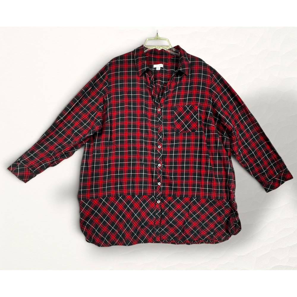 J. Jill Button Down Tunic Women 3X Red Plaid Cottagecore Cotton Flannel Shirt